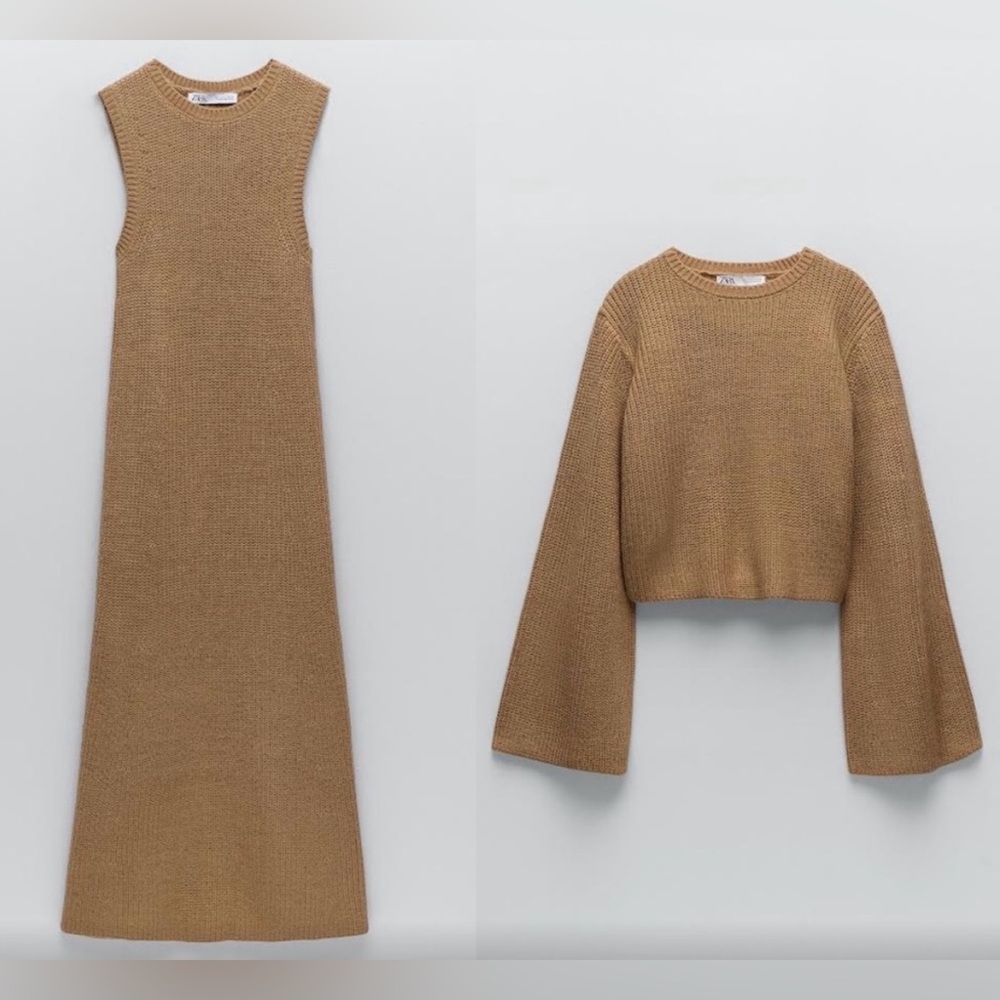 Zara camel sweater knit coord midi dress + matching sweater set! 2 pieces S/M